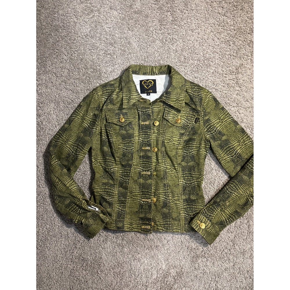 XOXO Jeans Womens M Green Snakeskin Print Denim Jacket Gold Metallic Shimmer Y2K